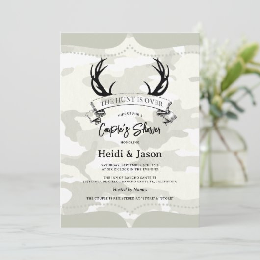 「狩りは終わり」カントリー風カモ柄 カップルシャワー 招待状 (スタンド正面)