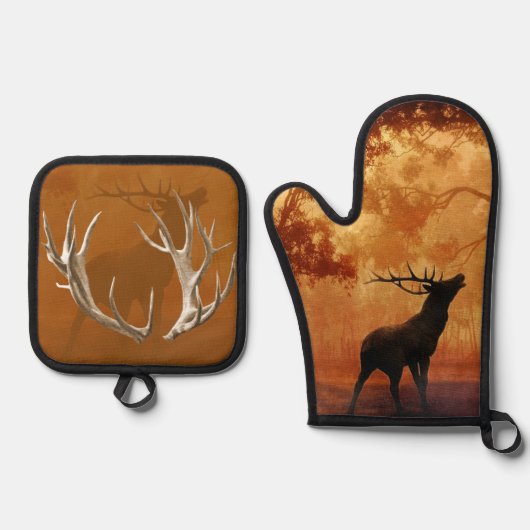 狩りをテーマにした〔雄ジカの〕枝角野生生物 鍋つかみ&鍋敷きセット (正面)