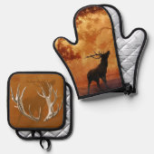 狩りをテーマにした〔雄ジカの〕枝角野生生物 鍋つかみ&鍋敷きセット (正面/裏面)