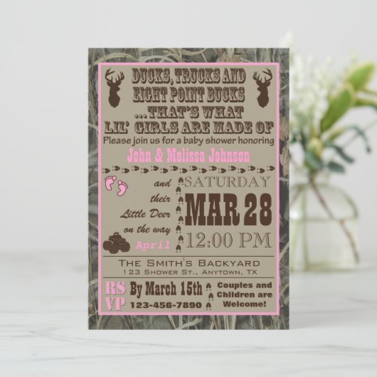 狩り迷彩柄ベビーガールシャワー招待状 招待状 (スタンド正面)