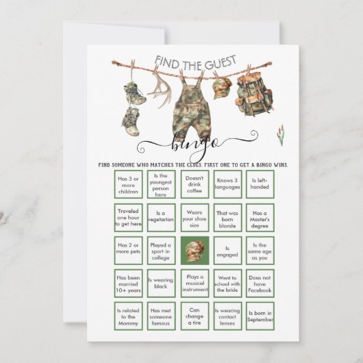 狩り迷彩柄リトルハンターゲストビンゴを見つける 招待状 (正面)