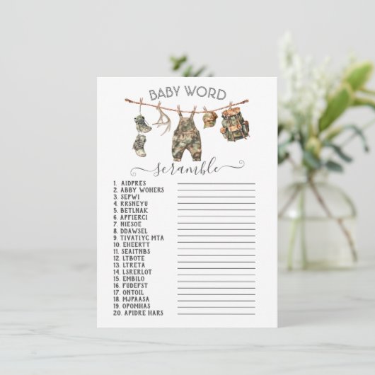 狩り迷彩柄物干しベビー単語スクランブル 招待状 (スタンド正面)