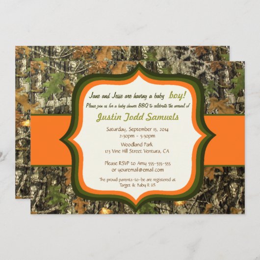 狩り迷彩柄男の赤ちゃんシャワー招待状 招待状 (正面/裏面)