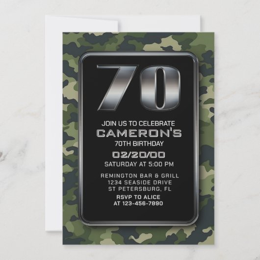 狩り迷彩柄軍隊70番目の誕生日招待状 招待状 (正面)