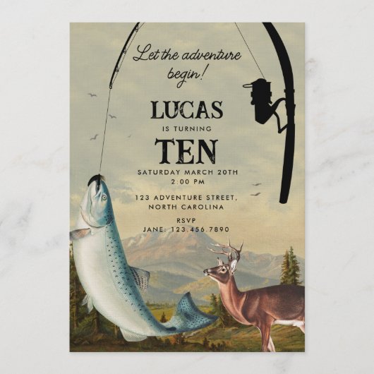 狩猟と釣りの冒険が始まる子供の誕生日 招待状 (正面)