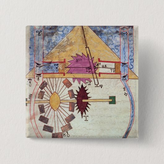 「独創的の知識の本からの水ポンプ、 缶バッジ (正面)