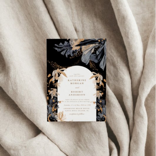 独占的金ゴールドとブラックフローラ結婚式招待状 招待状