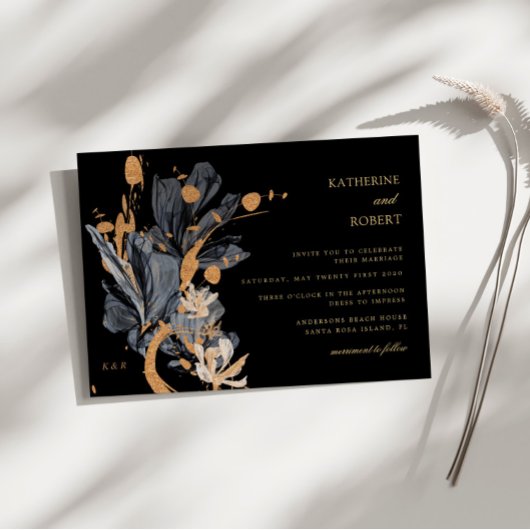 独占的金ゴールドとブラックフローラ結婚式招待状 招待状