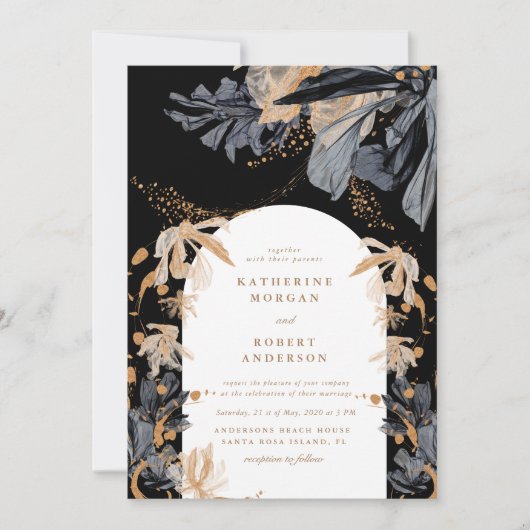 独占的金ゴールドとブラックフローラ結婚式招待状 招待状 (正面)