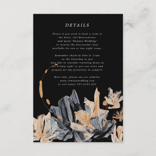 独占的金ゴールドと黒のフローラ結婚の情報カード エンクロージャーカード (正面)