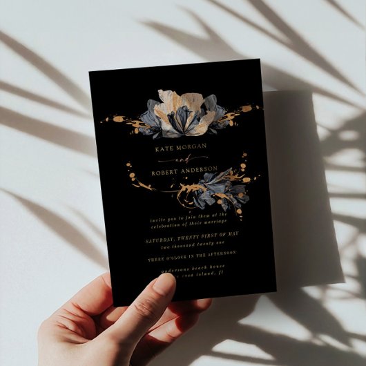独占的金ゴールド黒フローラ結婚式招待状