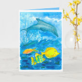 独特の味の熱帯魚のイルカのハッピーバースデー カード (黄色い花)