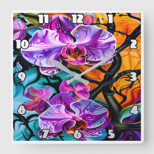 独特の鮮やか背景を持つ蘭開花 スクエア壁時計 (正面)