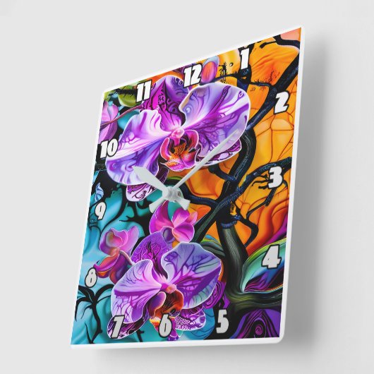 独特の鮮やか背景を持つ蘭開花 スクエア壁時計 (傾斜)