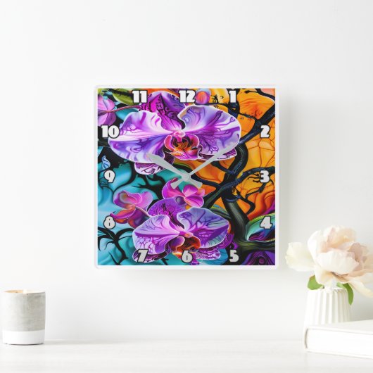 独特の鮮やか背景を持つ蘭開花 スクエア壁時計 (ホーム)