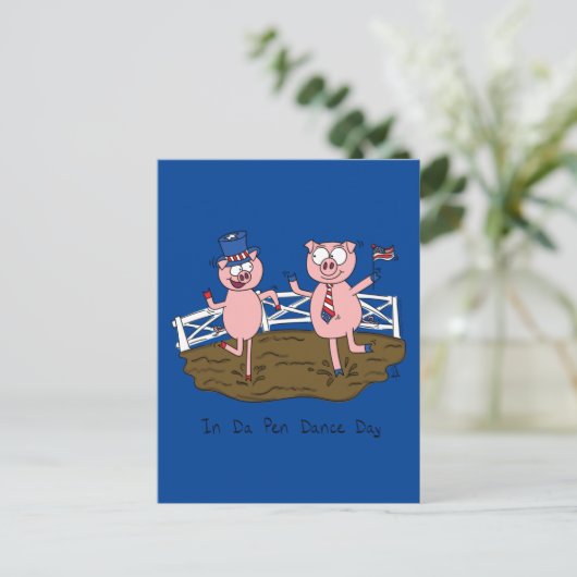 独立記念日おもしろい豚7月4日 ポストカード (スタンド正面)