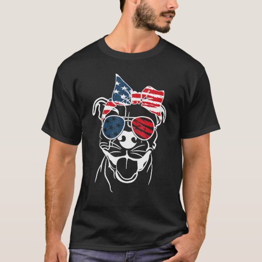 独立記念日にメガネをかけた愛らしいピットブル Tシャツ (正面)