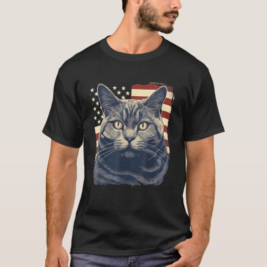 独立記念日のアメリカ国旗とシャルトルゥ猫 Tシャツ (正面)