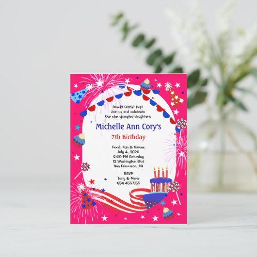 独立記念日の女の子の誕生日パーティーの招待 招待状 (スタンド正面)