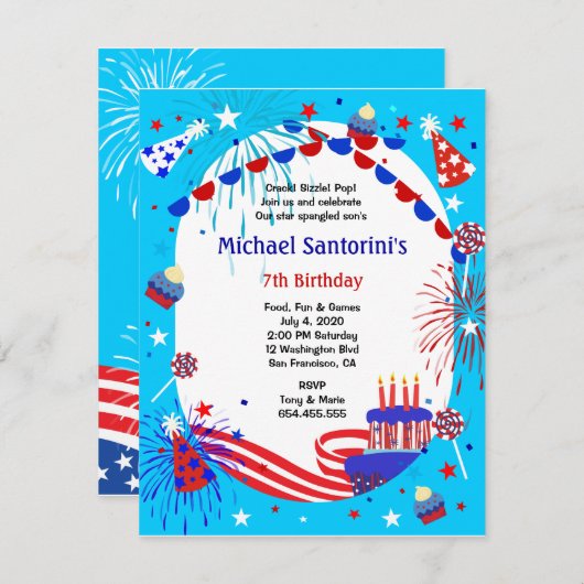 独立記念日の子どもの誕生日パーティーの招待 招待状 (正面/裏面)