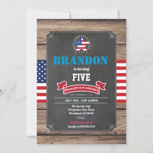 独立記念日の少年誕生日パーティー（任意の年齢） 招待状 (正面)