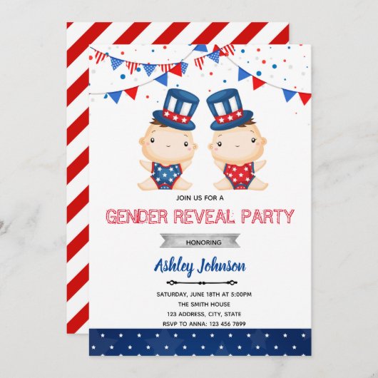 独立記念日の性別発表パーティー招待状 招待状 (正面/裏面)