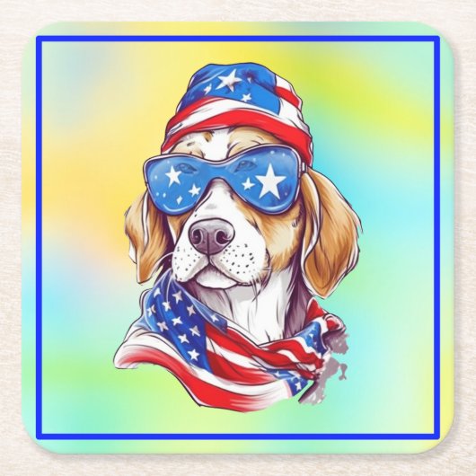 独立記念日の愛国的な犬のデザイン スクエアペーパーコースター (正面)