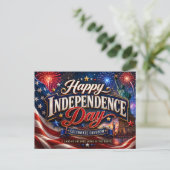 独立記念日の自由の女神の旗と花火 USA ポストカード (スタンド正面)