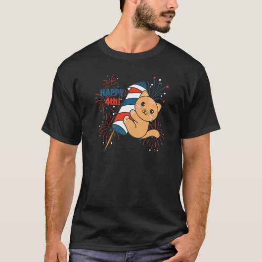 独立記念日の花火の子供のための猫 Tシャツ (正面)