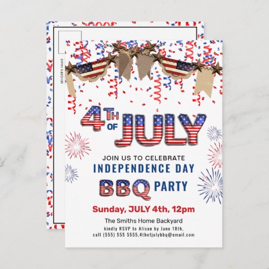 独立記念日の花火赤白青BBQ インビテーションポストカード (正面/裏面)