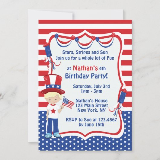 独立記念日の誕生日パーティーへの招待 招待状 (正面)