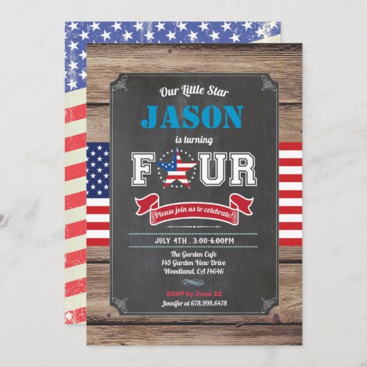 独立記念日の4歳の少年が4人目の子になる 招待状 (正面/裏面)