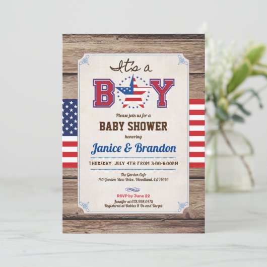 独立記念日は男の赤ちゃんシャワー素朴 招待状 (スタンド正面)