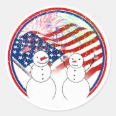 独立記念日を祝う雪だるま ラウンドシール (正面)