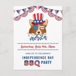 独立記念日アメリカ国旗Corgi BBQパーティー インビテーションポストカード