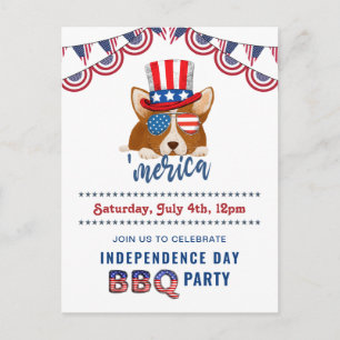 独立記念日アメリカ国旗Corgi BBQパーティー インビテーションポストカード