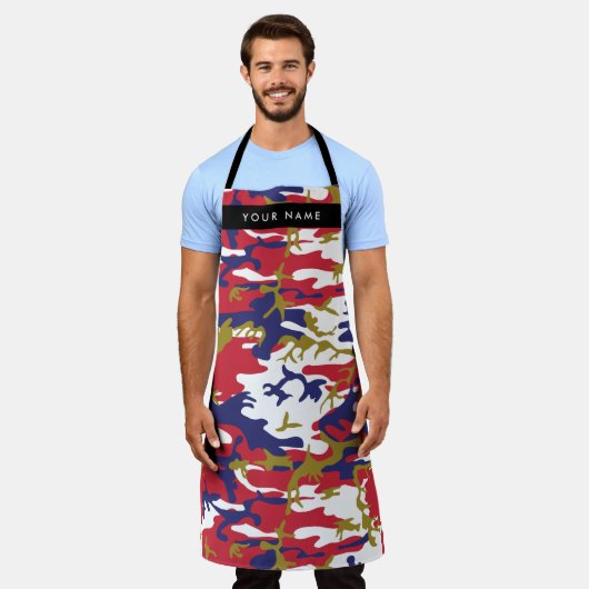 独立記念日カモフラージュあなたの名前をパーソナライズ エプロン (着用した状態)