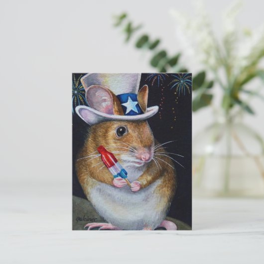 独立記念日マウスNo. 2水彩アート ポストカード (スタンド正面)