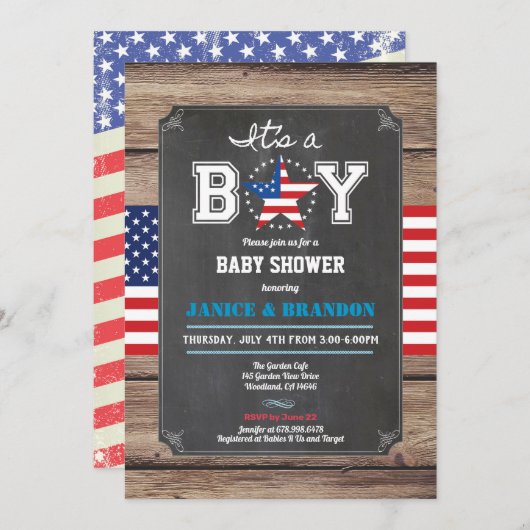 独立記念日男の赤ちゃんシャワー黒板 招待状 (正面/裏面)