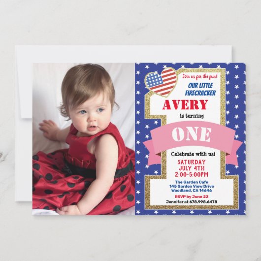 独立記念日第1回誕生日少女写真 招待状 (正面)