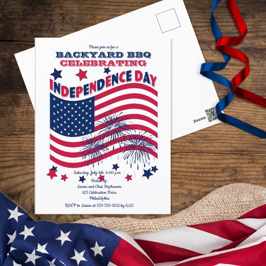 独立記念日7月4日パーティー – なびく国旗の招待 ポストカード