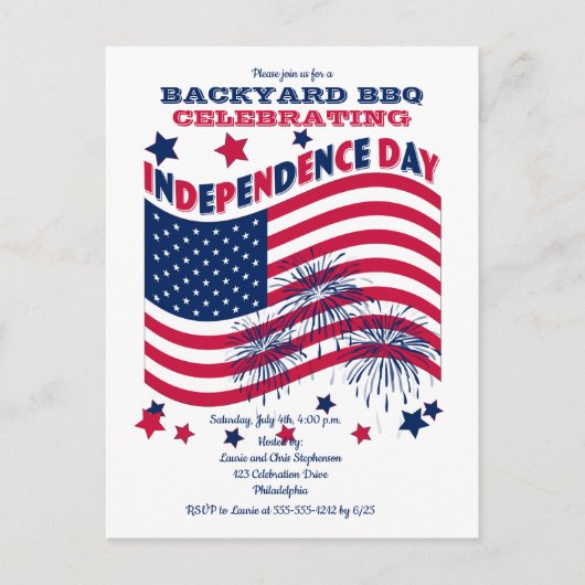 独立記念日7月4日パーティー – なびく国旗の招待 ポストカード (正面)