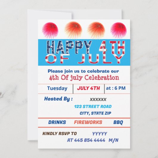 ‎独立記念日（４日）のお祝い 招待状 (正面)