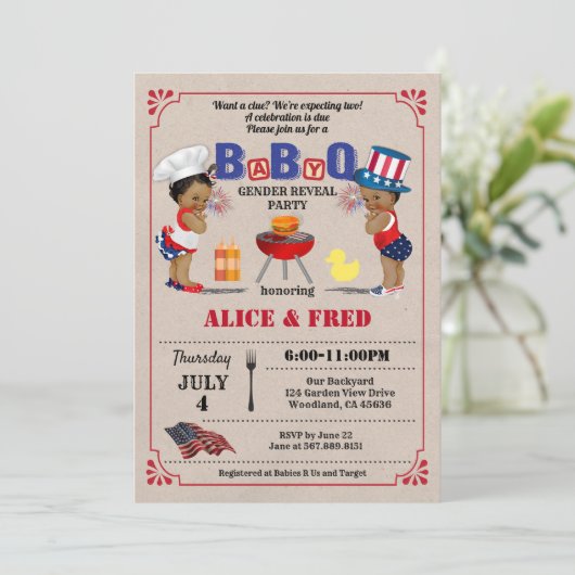 独立記念日BabyQ双子カップル赤ちゃんシャワー 招待状 (スタンド正面)