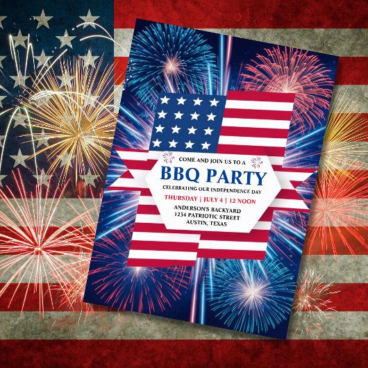 独立記念日BBQ 7月4日Fireworksパーティー 招待状