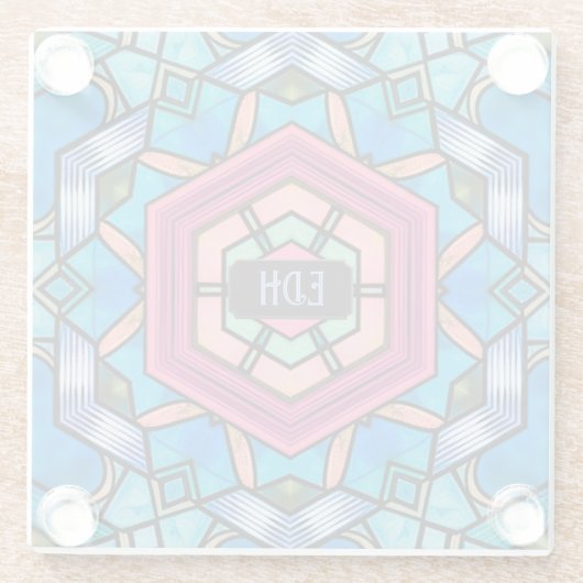 独自のイニシャルを持つ青とピンクの幾何学的アールデコ ガラスコースター (裏面)