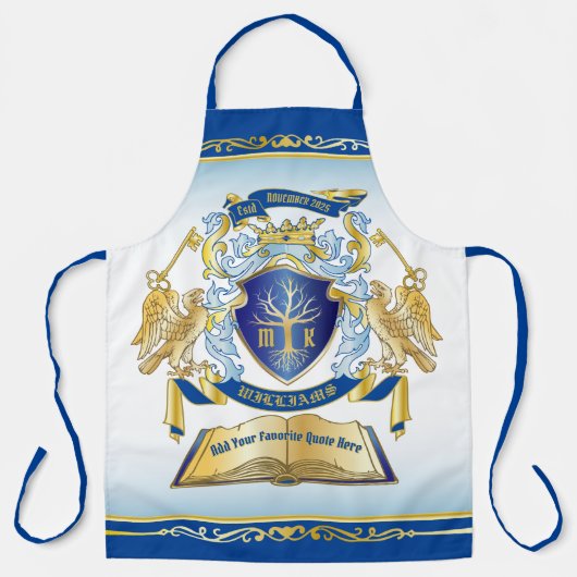 独自のエンブレムを作成ツリーブック鍵クラウン金ゴールドを青にする エプロン (正面)