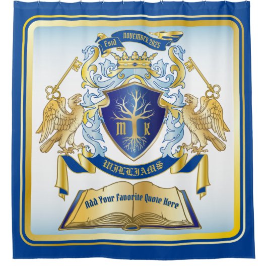 独自のエンブレムを作成ツリーブック鍵クラウン金ゴールドを青にする シャワーカーテン (正面)