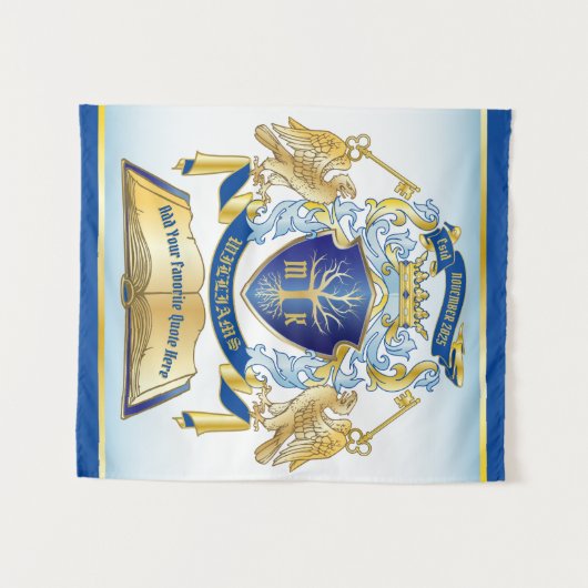 独自のエンブレムを作成ツリーブック鍵クラウン金ゴールドを青にする タペストリー (正面(横))