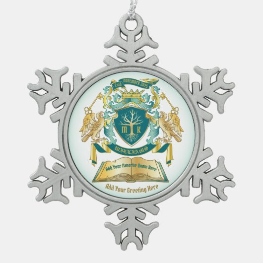 独自のエンブレムを作成ツリーブック鍵クラウン金ゴールドジェイド スノーフレークピューターオーナメント (正面)